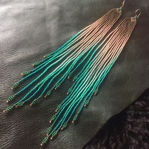 <b>Bridal</b> Long <b>Drop</b> <b>Earrings</b> With Handwoven Seed Beads African Style Seed Beads Long <b>Earrings</b> With Tribal Design - Product Image 3