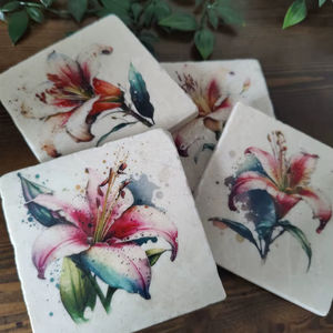 Sous-verres en marbre rustique à motif de lys, sous-verres floraux pour boissons, sous-verres de table à motif de lys de jardin - Product Image 1
