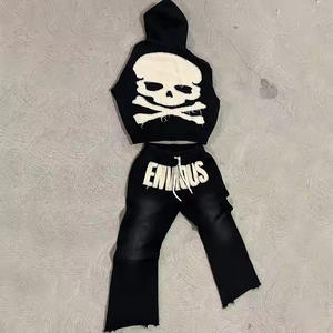 Tissu éponge français Hommes Street Wear Détresse Broderie Survêtement Logo Personnalisé Coton Hommes Vintage Soleil Fade Top Qualité Survêtement - Product Image 3