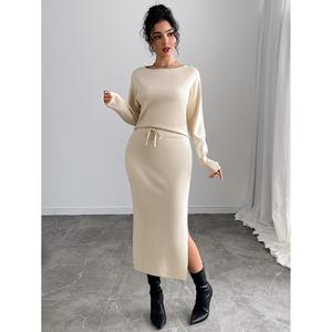 Women's Printed Boatneck Knit <b>Top</b> and Side-Slit Midi Skirt Set - Product Image 6