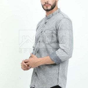 Chemise en jean pour homme, col mandarin, manches longues, couleur unie, coupe ajustée, respirante, délavée, style décontracté - Product Image 3
