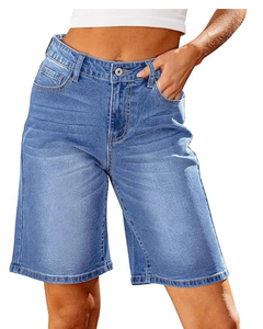 Pantalones cortos de mezclilla elásticos de moda de cintura alta para mujer, corte holgado hasta la rodilla con 5 bolsillos básicos, diseño transpirable - Product Image 1