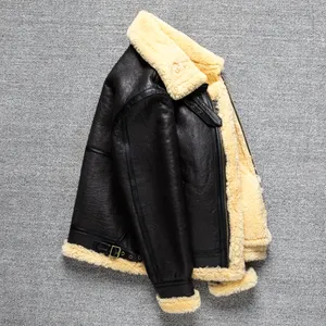 Custom Vintage <b>Pilot</b> Shearling Leather <b>Jacket</b> for Men Winter Flight Bomber Sheepskin Real Faux Fur Mandarin Collar - Product Image 3