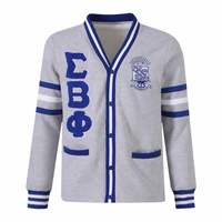 Cardigan universitaire personnalisé en gros avec lettres grecques, patch en chenille, broderie de blason, col en V, boutons, rayures, tricotage, style universitaire