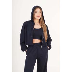 Women's Modal Blend <b>Cardigan</b>, Crop Top, and Pants Three-Piece Set - Comfortable <b>Navy</b> Blue Wholesale Outfit by LUSTRIN - Product Image 2