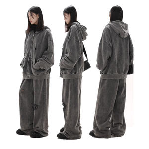 Conjunto Deportivo Personalizado para Hombre, Estilo Urbano, Lavado Ácido, Desgastado, 100% Algodón, Sudadera con Capucha y Cremallera, Pantalones Acampanados, Traje Deportivo Estampado para Invierno - Product Image 5