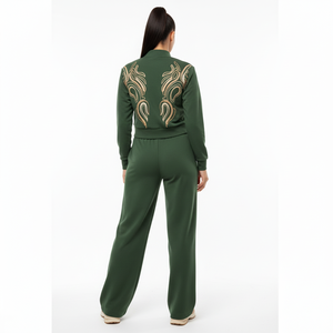 ชุดเซ็ตเสื้อแจ็คเก็ตซิปและกางเกงขายาวทรงกว้างสำหรับผู้หญิง  ชุดลำลองสไตล์สตรีทแวร์ปักลาย  ชุดกีฬา-รับผลิตแบบ OEM ขายส่ง - Product Image 2