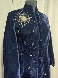 Abrigo Largo Celestial Azul Marino de Terciopelo con Diseño Bordado a Mano, Decoración de Diamantes, Forro de Lana para Invierno, Patrón 3D Formal, Modal Informal - Product Image 2