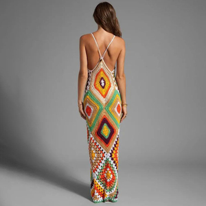 Handgemachtes gehäkeltes gestricktes Maxi kleid Frauen Sommer halfter rücken freies Strand kleid Sommerkleid Böhmisches mehrfarbiges Brautkleid - Product Image 2