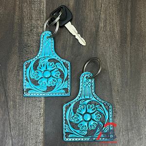 พวงกุญแจหนังวัวแท้ทำมือลวดลายตะวันตก ประดับด้วยเทอร์ควอยซ์  สำหรับกระเป๋าและกุญแจ - Product Image 1