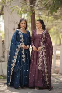Qualité d'exportation indienne Vichitra Shimmer Gown & Dupatta Vente chaude Robe tendance fantaisie avec paillettes brodées pour adultes - Product Image 6