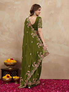 Sari en soie Rangoli pour femmes Trendmalls, lourdement brodé, pièce de chemisier non cousue (K954-Mehndi), prix de gros, Inde, Pakistan - Product Image 3