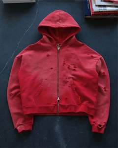 Logo de marque personnalisé Sweat à capuche court à double fermeture éclair 450GSM Sweat à capuche lourd à double fermeture éclair Distressed - Product Image 1