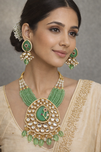 Multi-strand Green Brass Beaded Necklace Set Featuring Large Handcrafted <b>Kundan</b> Pendant for Anniversary Wedding Party - Product Image 2