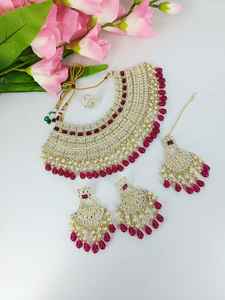 Nuevo diseño elegante chapado en oro tradicional Motipearl & Drop Kundan tachonado gargantilla collar pendiente Mangtika conjunto y conjunto de joyería Mujer - Product Image 4