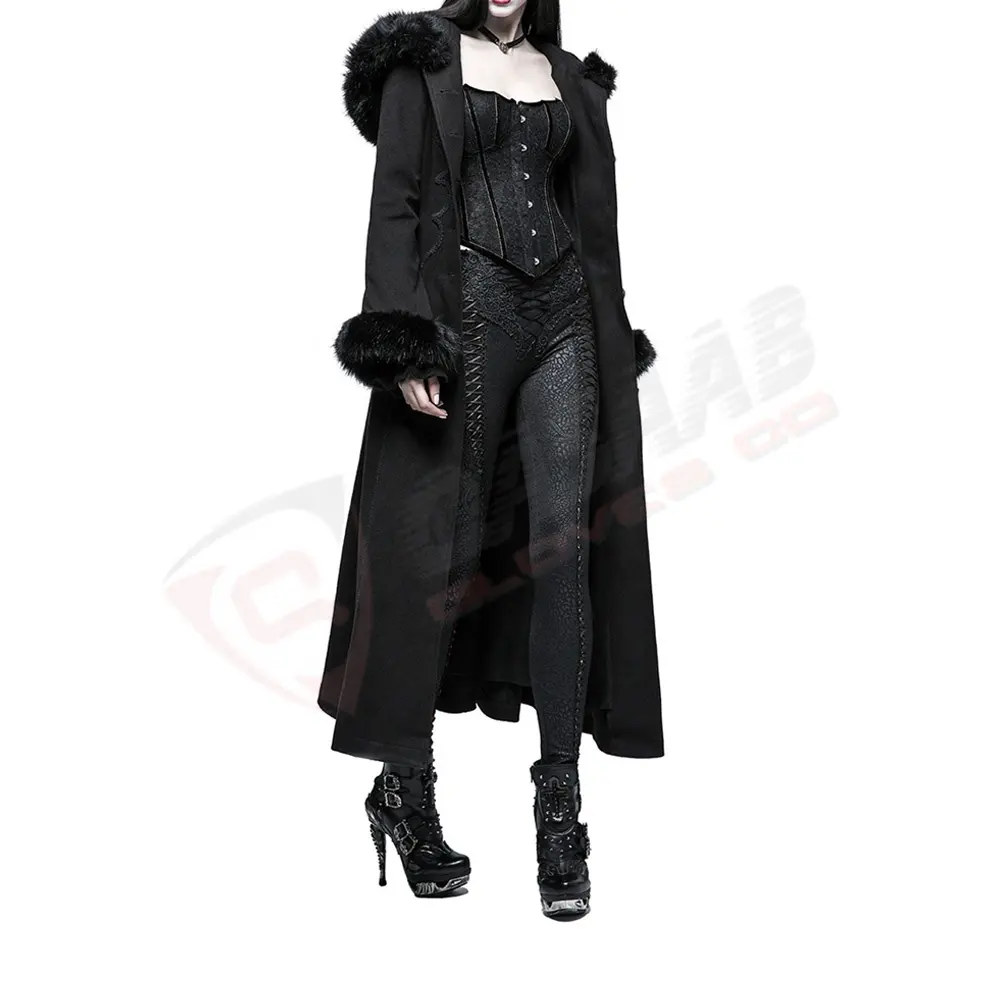 Moda kapşonlu siyah kış longed-siper kadınlar nefes alabilir-ayrılabilir kürk-yaka gotik-Victorians korse-ceket