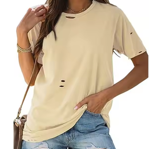Camisetas informales de alta calidad para mujer con agujero rasgado, venta al por mayor, etiqueta propia personalizable - Product Image 5