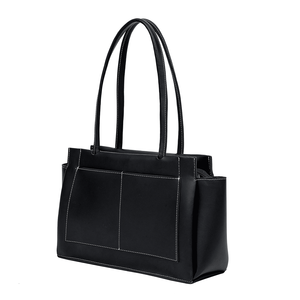 Sac fourre-tout vintage en cuir véritable noir, sac à main pour femme, sac à bandoulière pour le travail, grand sac à main, poches, fermeture à glissière, structure rigide, deux - Product Image 1