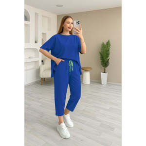 Conjunto de Dos Piezas para Mujer, Blusa de Manga Corta con Cuello Redondo de Viscosa de Dos Hilos y Pantalones, 37757 - Azul Saks - Product Image 3