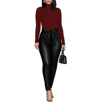 Pantalon en similicuir extensible respirant taille haute pour femme, bouton de legging enduit PU, design personnalisable pour les juniors pour l'hiver