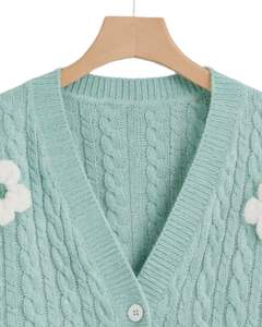 Manufacturer Custom <b>Women</b> Mint Green Cable Knit Cardigan <b>Sweater</b> White Flower Applique V Neck Button Front Cute Winter Fashion - Product Image 4