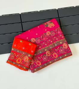 Pashmina Rajwadi en soie, tissage jacquard Meenakari, broderie positionnée, bordure florale tissée, avec pallu riche et blouse assortie - Product Image 4