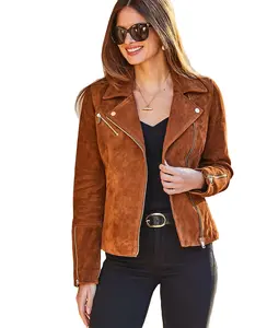 Chaqueta de cuero de gamuza fina para mujer a granel, chaquetas de cuero de motocicleta de piel de oveja genuina transpirable para mujer - Product Image 1