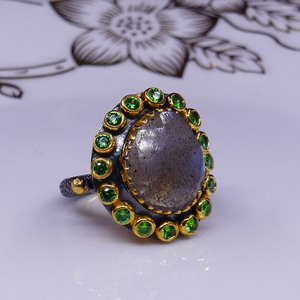 925 Sterling Silver Classic Style Green Topaz <b>Ring</b> Gold Plated Labradorite for Weddings - Product Image 2