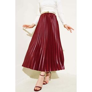 กระโปรงจีบหนังดูยางยืดเอวเบอร์กันดี - Product Image 4