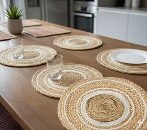 แผ่นรองจานทรงกลมลายดอกไม้ทันสมัย ผลิตจากวัสดุปอกระเจาและผ้าฝ้าย เป็นมิตรต่อสิ่งแวดล้อม เหมาะสำหรับใช้ในบ้าน - Product Image 1