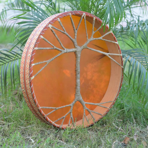 กลองชามานทำมือ วาดลายด้วยมือ โครงสีส้ม พร้อมลายต้นไม้แห่งชีวิตด้านหลัง กลองโครงวาดลายด้วยมือ ลายต้นไม้แห่งชีวิตด้านหลัง ดีไซน์เชือก - Product Image 5