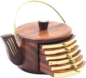 Wooden Kettle Shape Coasters for Tea Cups Coffee Mugs <b>Beer</b> Cans Bar Tumblers and Water Glasses - Set of 6 Sheesham Wood - Product Image 6