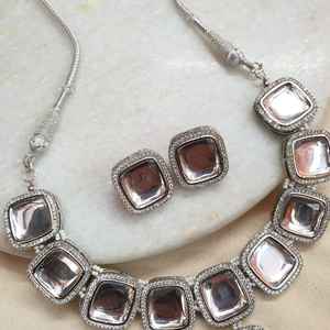 Luxury <b>Silver</b> Tone Kundan <b>Necklace</b> <b>Set</b> with Gold Plated <b>Earrings</b> Fine Copper Jewelry for Bridal or Gift Occasions - Product Image 2