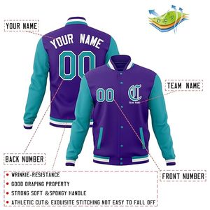 Veste universitaire personnalisée, couleur bleu turquoise, veste bomber pour homme avec impression par transfert thermique du nom et du numéro - Product Image 3