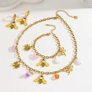 Elegant Bee Pendant Jewelry <b>Set</b> <b>for</b> <b>Women</b> with Pearl and Zircon Inlay 18K Gold Plated Stainless Steel Necklace Bracelet Earrings - Product Image 2