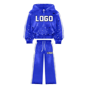 Sweat-shirt avec strass, logo personnalisé, sweat à capuche zippé, pantalon baggy, ensemble de survêtements à capuche délavés à l'acide, survêtements de broderie complets en détresse - Product Image 4