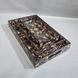 Factory Wholesale Mango Wood Rectangular <b>Tray</b> Set with Stylish <b>Black</b> Leaf Design Perfect for Home and Cafe <b>Serving</b> Needs - Product Image 2