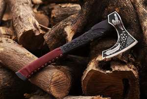 Hacha Vikinga Hecha a Mano de Acero con Alto Contenido de Carbono de Grado Industrial, Mango de Madera Natural, Funda de Cuero. Hacha Multiusos para Camping y Actividades al Aire Libre - Product Image 2