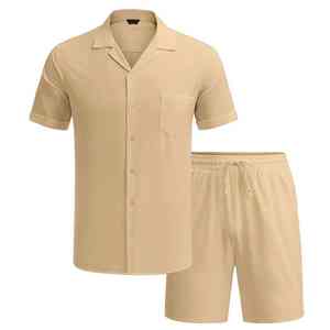 Ensemble de tenue estivale 2 pièces pour homme 2026, élégant et de qualité supérieure, comprenant un t-shirt à manches courtes boutonné et un short, 100 % coton, séchage rapide - Product Image 5