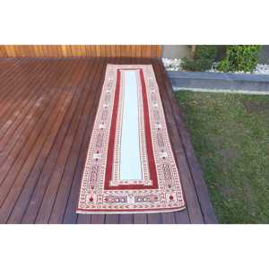 Vintage 2.5x9.3 ft Rug, Turkish Rug, <b>Red</b> Plants & trees <b>Wool</b> Rug - Product Image 1
