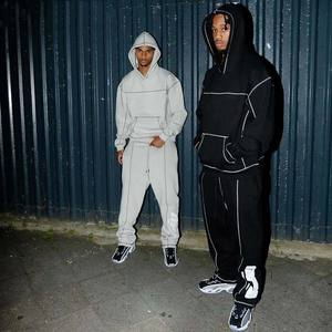 Baggy jogging personnalisé pour hommes Dtg impression passepoil survêtement Y2K rue rétro lettre impression à capuche pantalon de survêtement ensemble deux pièces - Product Image 6