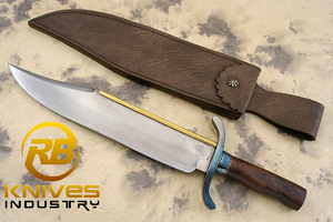 Couteau Bowie Musso en acier Damas fait main, manche en bois pleine soie, couteau de chasse, de camping et de plein air, étui en cuir - Product Image 2