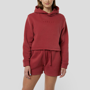 Jogger vierge décontracté de haute qualité avec logo personnalisé pour femmes, hauts courts à capuche, sweat-shirt 2 pièces, ensemble de survêtement à capuche 100% coton - Product Image 2