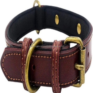 Collar de cuero marrón con relleno suave para perros, accesorios para mascotas con chapado de latón antiguo sólido, directo de fábrica - Product Image 4