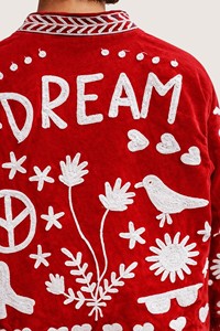 Veste en tissu éponge rouge bohème brodée avec symbole de paix et motif d'oiseaux, manches longues, col rabattu, grande taille, vêtement d'extérieur pour l'hiver - Product Image 5