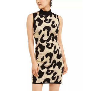 Vestido de Fiesta Ajustado Amarillo para Mujer, Talla XX-Small, Marca Planet Gold, Sin Mangas, con Estampado Animal y Cuello Alto, Cintura Natural - Product Image 1