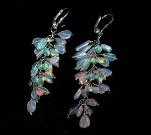 Ethiopian Fire Opal <b>Dangle</b> Tumble Cluster <b>Earrings</b> October Birthstone Welo Opal Sterling Silver Jewelry IGI Certified for Gifts - Product Image 1