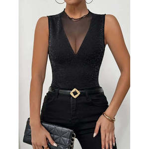 Blusa de tul sin mangas con cuello redondo y escote profundo en V con brillo para mujer, 36068 - Negro - Product Image 2