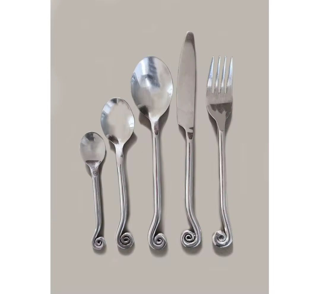 Stainless Steel Flatware Cutlery Set Spiral Handle Fork Knife Spoon Modern Design Mirror/Matte PVD Gold Finish Dishwasher Safe