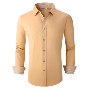 Chemise habillée homme élégante moutarde coupe ajustée 100 % coton séchage rapide respirante manches longues boutonnée formelle décontractée bureau - Product Image 1